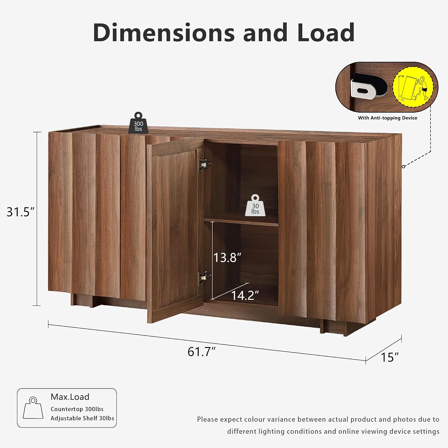 win2win 61.7" Fluted Sideboard Buffet Cabinet with Storage, Walnut | Mid Century Modern Credenza with Adjustable Shelves, Modular Accent Cabinet for Living Dining Room Hallway,Wave Design