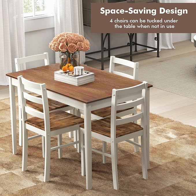 COSTWAY Dining Table Set for 4, Wood Kitchen Table Chairs Set with Rubber Wood Legs, Space-Saving Design, Modern 5-Piece Dinette Set for Small Place, Kitchen, Dining Room, Restaurant, Brown