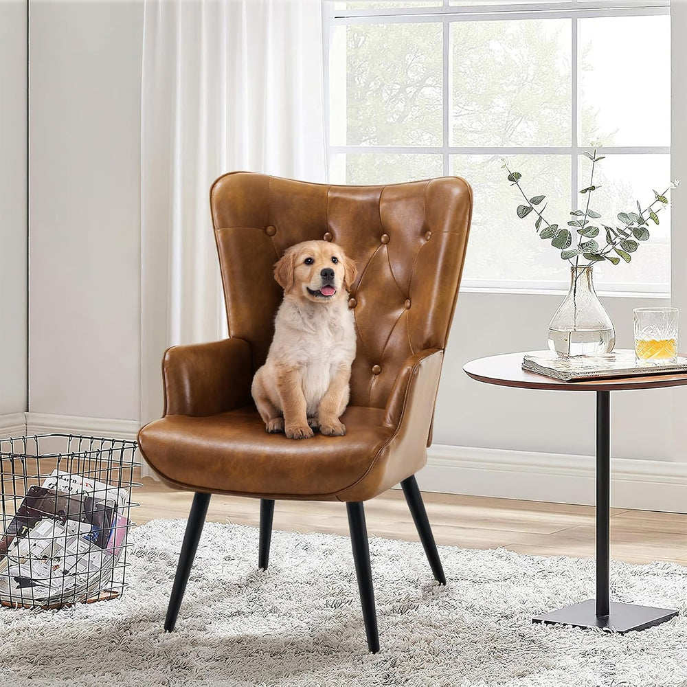 Furnimart Accent Chairs Set of 2, Brown PU Leather Reading Armchair with High...