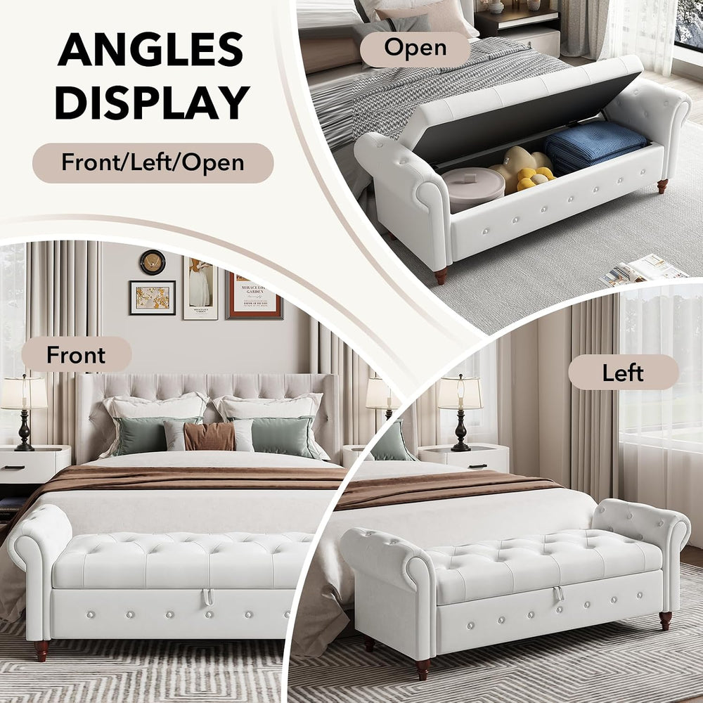 63" Wide Storage Bench, Polyester Upholstered End of Bed Bench with Pull...