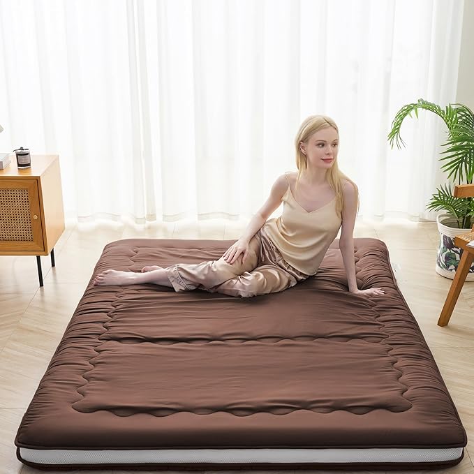 Japanese Floor Mattress, 6" Japanese Futon Mattress, Foldable & Portable Shiki Futon (shikibuton), Roll Up Thicken Sleeping Mattress Tatami Mat Sleeping Pad for Camping (Brown, 54 x 80)