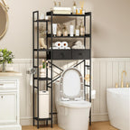 Over The Toilet Storage Shelf with Drawer, 3-Tier Above Toilet Bathroom Organizer with 4 Adjustable Side Shelves, Space Saver Freestanding Rack with Holder & Hook for Laundry Kitchen (Black)
