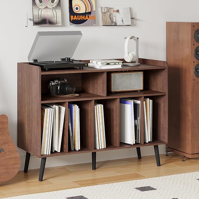 ChooChoo Record Player Stand, Turntable Stand with Vinyl Storage, Record Player Cabinet Up to 350 Albums, Cube Storage Organizer for Living Room, Walnut