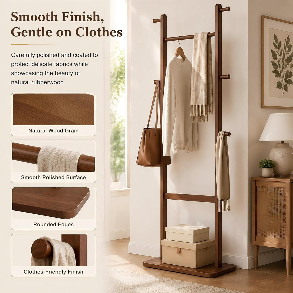 Solid Wood Coat Rack Freestanding, Clothing Rack with 5 Hooks & Bottom Shelf, Coat Rack Stand for Hanging Clothes, Wood Hall Tree Organizer for Entryway, Bedroom (Walnut Brown 23.6"W x 70.8"H)