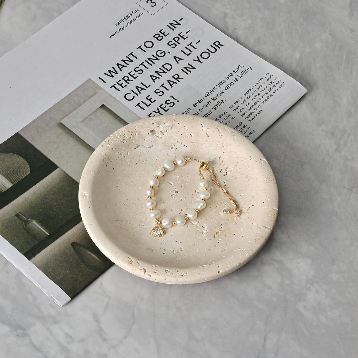 ZSHAWN Natural Beige Travertine Ring Dish Jewelry Tray – 5.5" Trinket Dish for Rings Earrings Necklace, Scratch-Resistant Vanity Organizer, Elegant Gift for Women