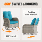 Outdoor Patio Furniture Set Patio Rocking Swivel Chair with Ottomans Outdoor Wicker Rattan Bistro Set with Tempered Glass Side Table for Garden, Deck, and Balcony, Turquoise