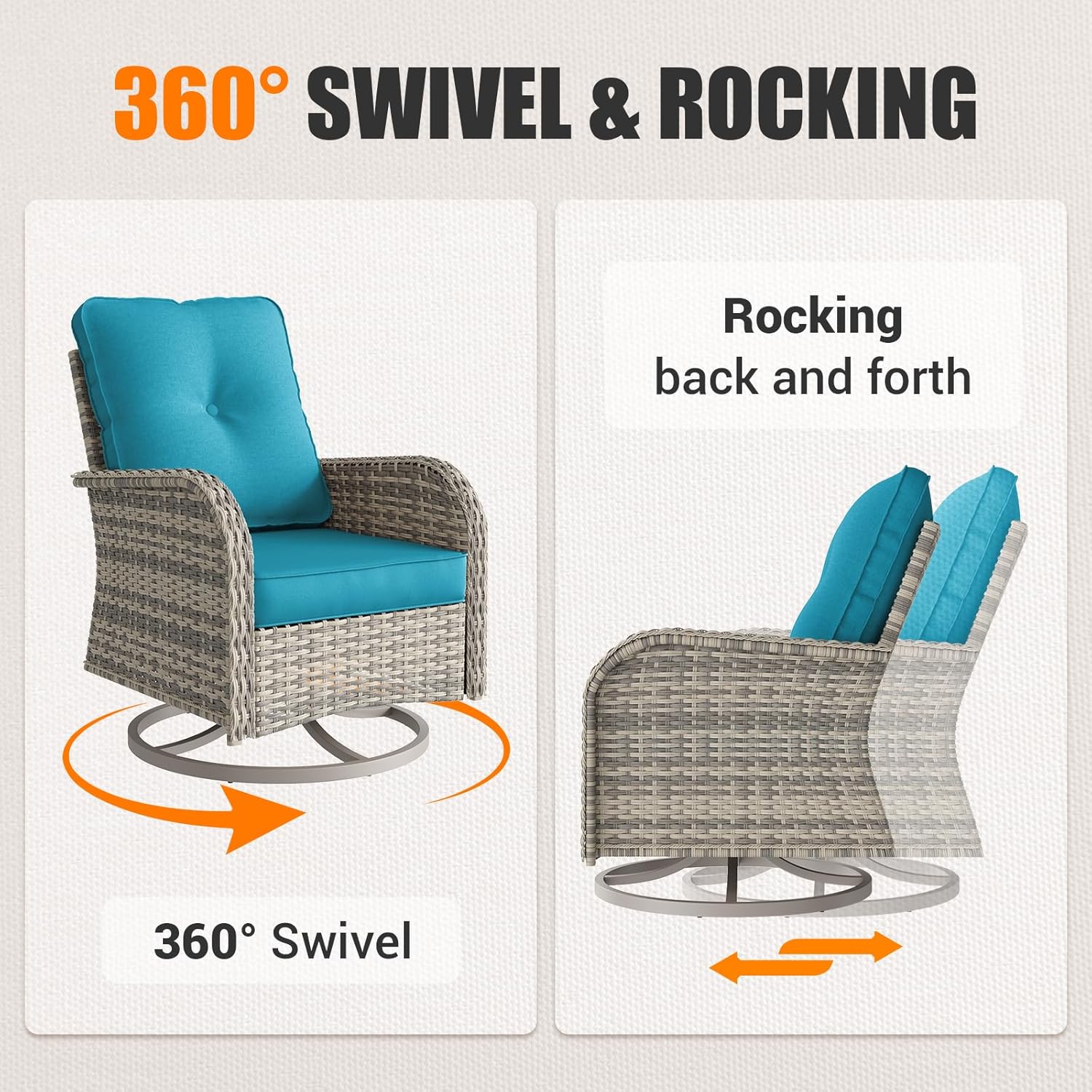 Outdoor Patio Furniture Set Patio Rocking Swivel Chair with Ottomans Outdoor Wicker Rattan Bistro Set with Tempered Glass Side Table for Garden, Deck, and Balcony, Turquoise