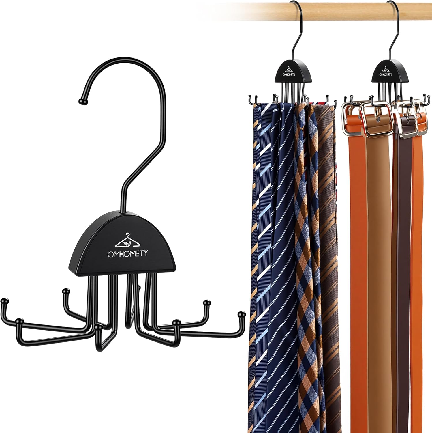 2 Pack Tie Hanger Belt Organizer for Closet, Rotatable Tie Rack with 16 Hooks Max 24 Belts & 16 Ties Storage Capacity, Space Saving Hanging Belt Holder for Closet Organizer, Black