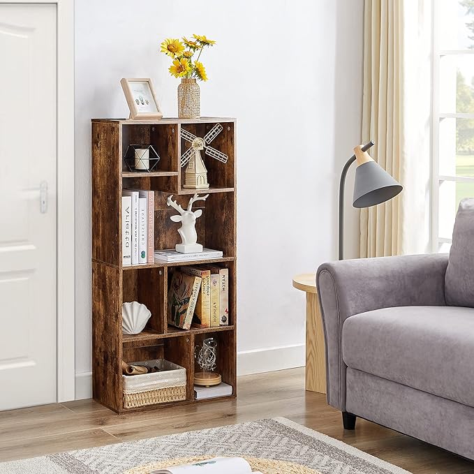 VECELO 42" Modern Bookshelf, 7 Cube Organizer Bookcase,Fits Tallest Hardcovers, Horizontal Available,Floor Standing Display,Easy Assembly, Vintage Brown