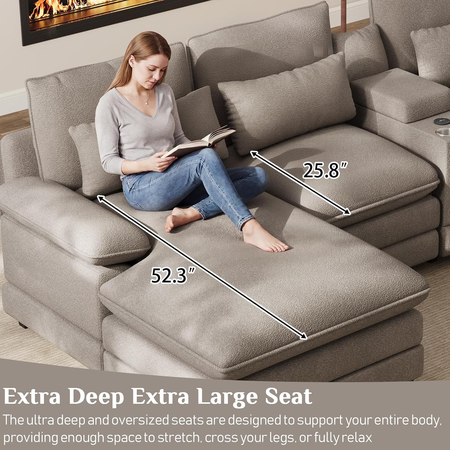 OUYESSIR 133" U Shaped Cloud Sectional Couch with USB Port, Stone Grey | 4 Seat, Double Chaise Lounge, Central Console, Cup Holders
