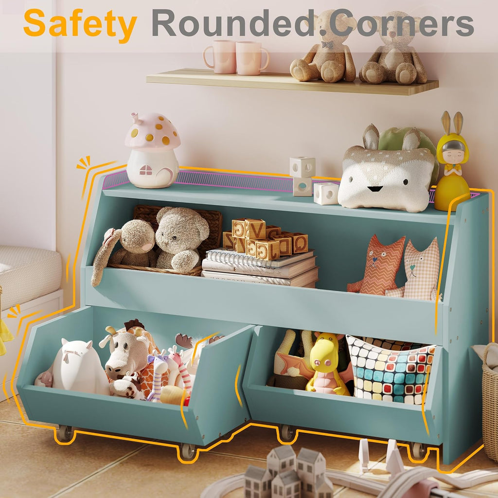 Toy Storage Organizer for Kids, Toy Storage Cabinet with Drawers, Boys and Girls Toy Shelf with Wheels, Toy Organizer Kids Bookshelf with Storage for Nursery, Playroom, Bedroom (Blue)