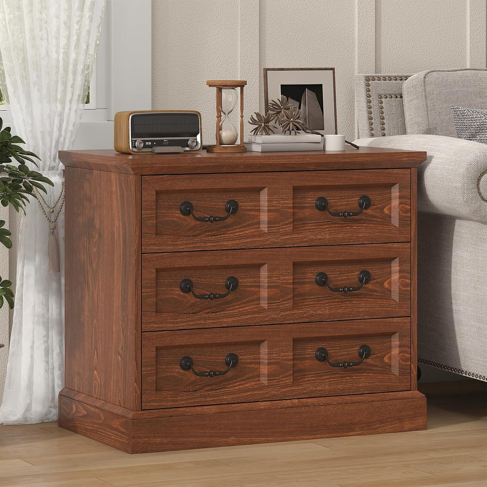 VVFLU 27.6" Wide Farmhouse Nightstand with Charging Station, 3 Drawer Ni...