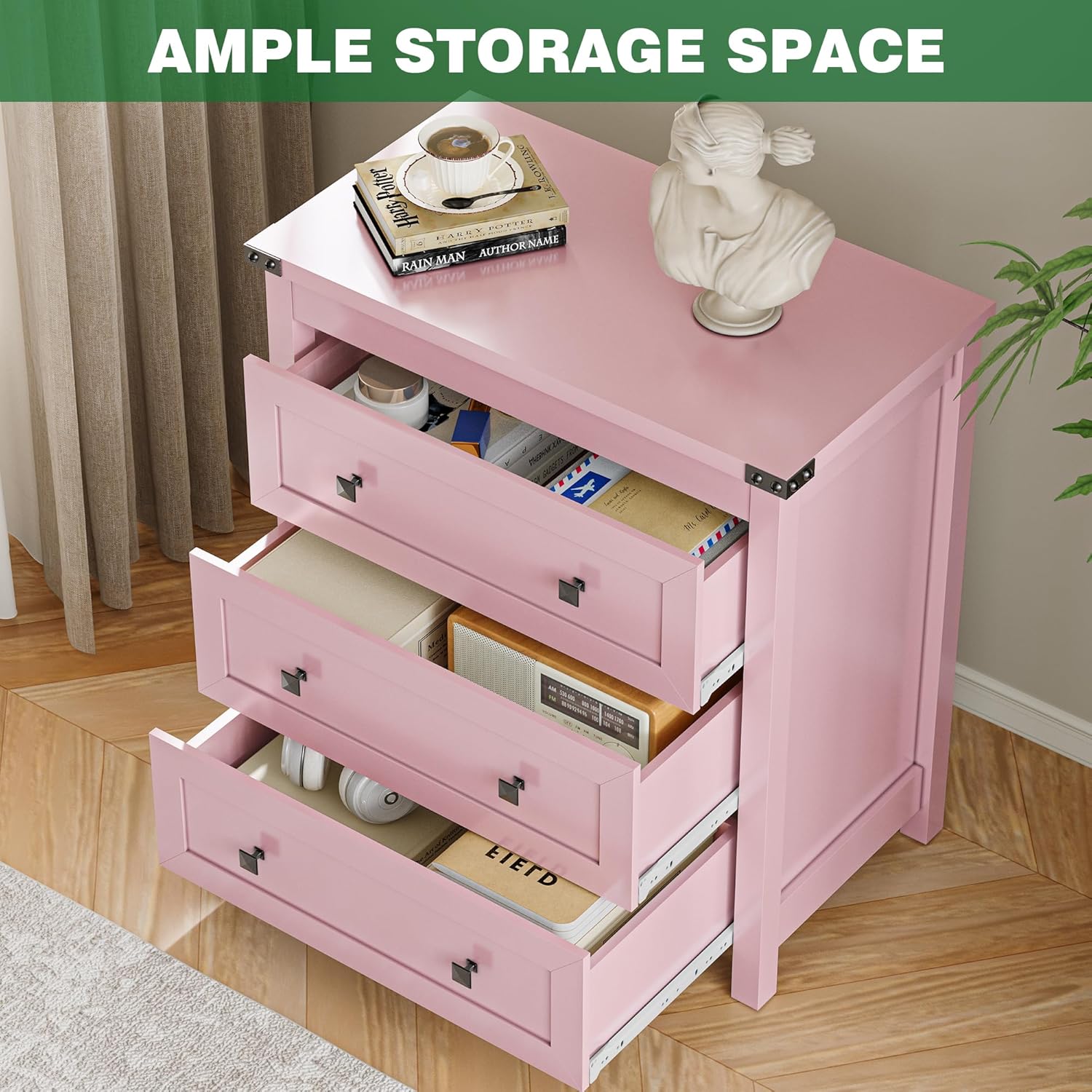Dresser for Bedroom with 3 Drawers, Small Chests of Drawers, 27.55" Wide Farmhouse Wood Nightstand Bedside Cabinet End Table, Modern Closet Storage Organizer for Living Room, Entryway, Hallway, Pink