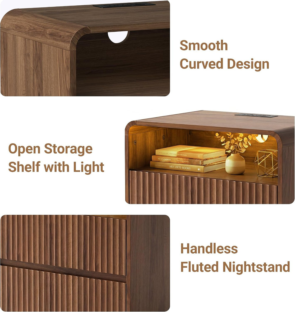 Seang Nightstand Set of 2,Fluted Nightstand with Charging Station & LED L...