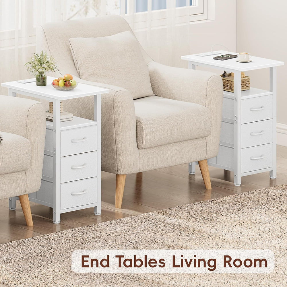Vagusicc White End Table with Charging Station, Narrow Side Table, Narrow Nig...