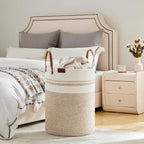 VIPOSCO Tall Laundry Basket, Large Dirty Clothes Hamper with Leather Handle, Woven Rope Storage Basket for Blanket, Toy In Living Room, Bathroom, Bedroom - 100L Brown & White