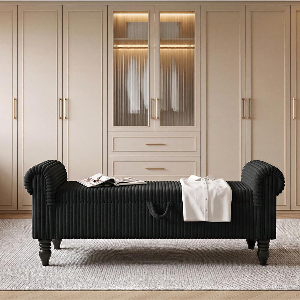 55" Storage Ottoman Bench, Corduroy End of Bed Bench for Bedroom, Black ...