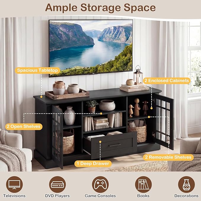 Tangkula Farmhouse TV Stand for TV up to 65 70 Inches, Tall Media Console Table with 2 Glass Storage Cabinets, 1 Drawer & 2 Open Shelves, Wooden Entertainment Center for Living Room (Black)