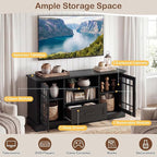 Tangkula Farmhouse TV Stand for TV up to 65 70 Inches, Tall Media Console Table with 2 Glass Storage Cabinets, 1 Drawer & 2 Open Shelves, Wooden Entertainment Center for Living Room (Black)