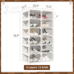ANTBOX Foldable Shoe Rack,Shoe Organizers for Closet Plastic Shoe Storage Box Space Saving for Entryway, Large Sturdy Stackable Sneaker Cabinet Bins with Magnetic Clear Door 6 Tiers 12 Pairs