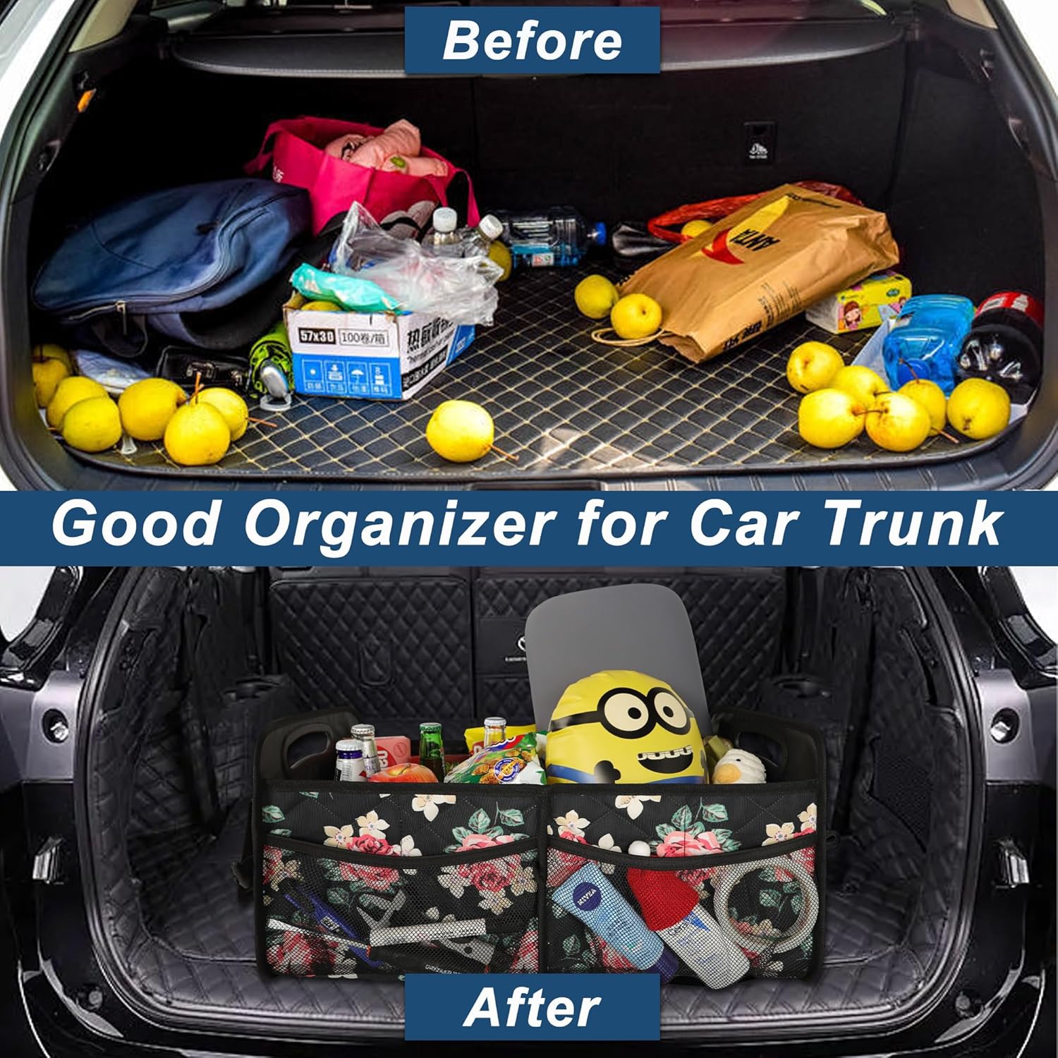 Deosk Car Trunk Organizer for SUV, Car Organizers and Storage with 6 Pocket, Car Accessories for Women/Men 50L Waterproof Polyester Trunk Organizer(Medium, Floral)