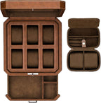 Gift Set 6 Slot Leather Watch Box with Valet Drawer - Luxury Watch Case Display Organizer, Microsuede Liner, Locking Jewelry Box, Mens Storage Boxes Holder Large Glass Top (Tan/Brown Gift Set)