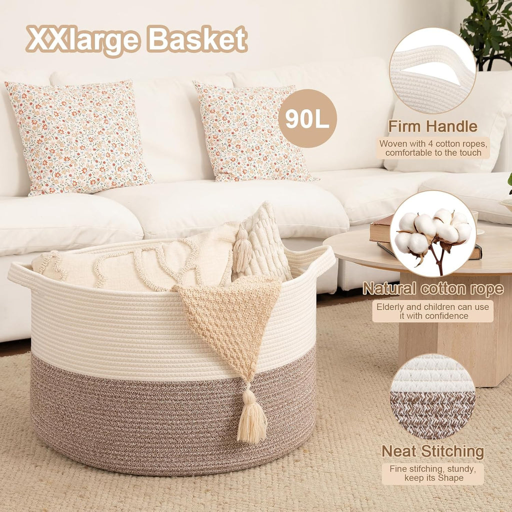 OIAHOMY 90L XXXLarge Blanket Basket for Living Room, 21.7" x 13.8" Woven Cotton Rope Laundry Basket for Organizing Pillows, Decorative Stuffed Animal Toy Storage for Nursery, White and Linen Brown