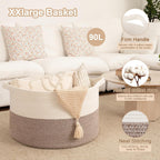 OIAHOMY 90L XXXLarge Blanket Basket for Living Room, 21.7" x 13.8" Woven Cotton Rope Laundry Basket for Organizing Pillows, Decorative Stuffed Animal Toy Storage for Nursery, White and Linen Brown