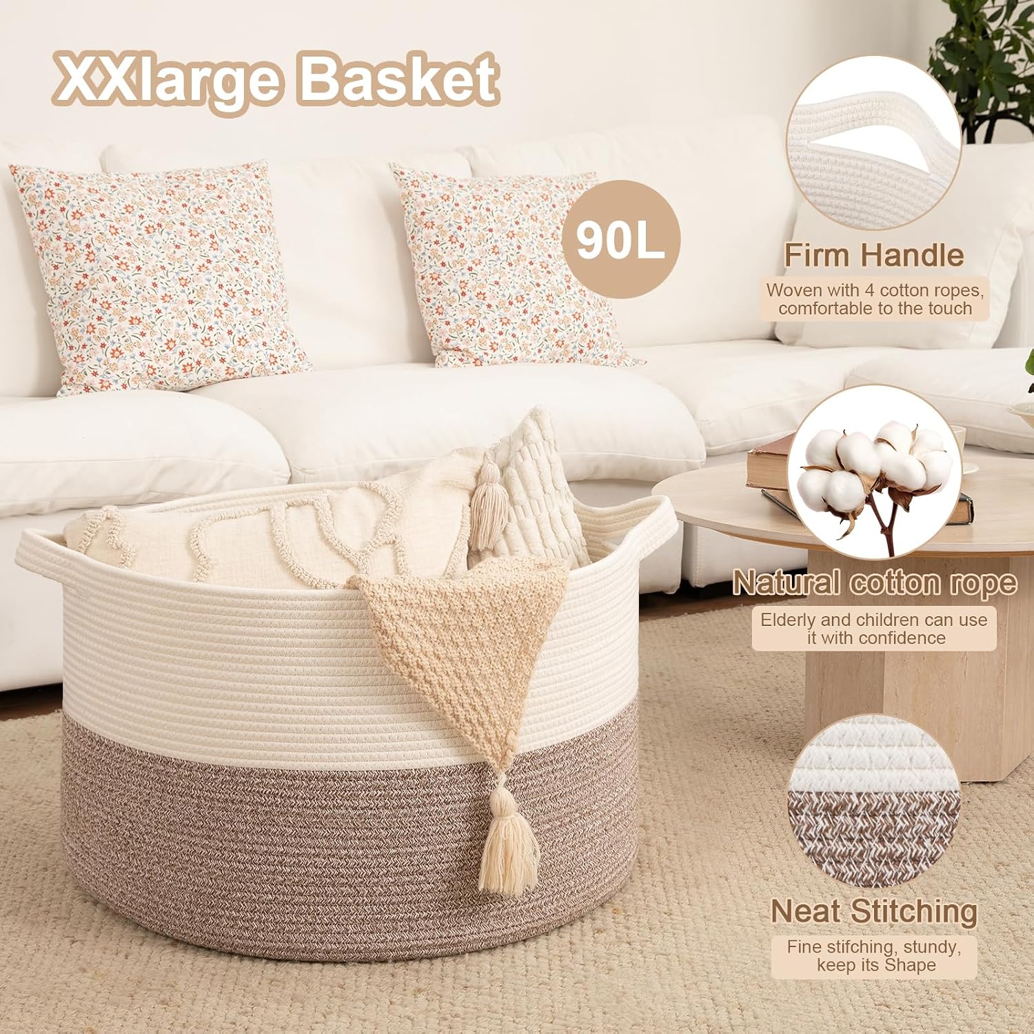 OIAHOMY 90L XXXLarge Blanket Basket for Living Room, 21.7" x 13.8" Woven Cotton Rope Laundry Basket for Organizing Pillows, Decorative Stuffed Animal Toy Storage for Nursery, White and Linen Brown