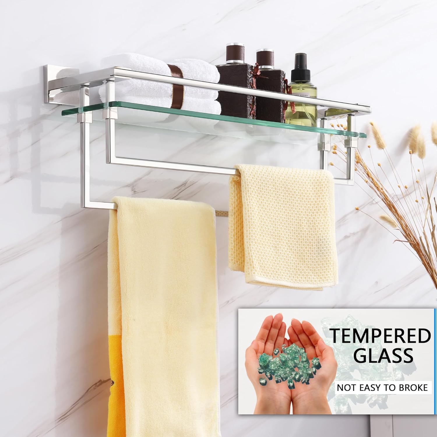 LANC Bathroom Shelf with Towel Bars - 20-Inch Silver Floating Tempered Glass Shelves with 2 Rails for Bathroom Kitchen Accessories Organizer Glass Rack Wall Mount Stainless Steel Chrome, A7617CP
