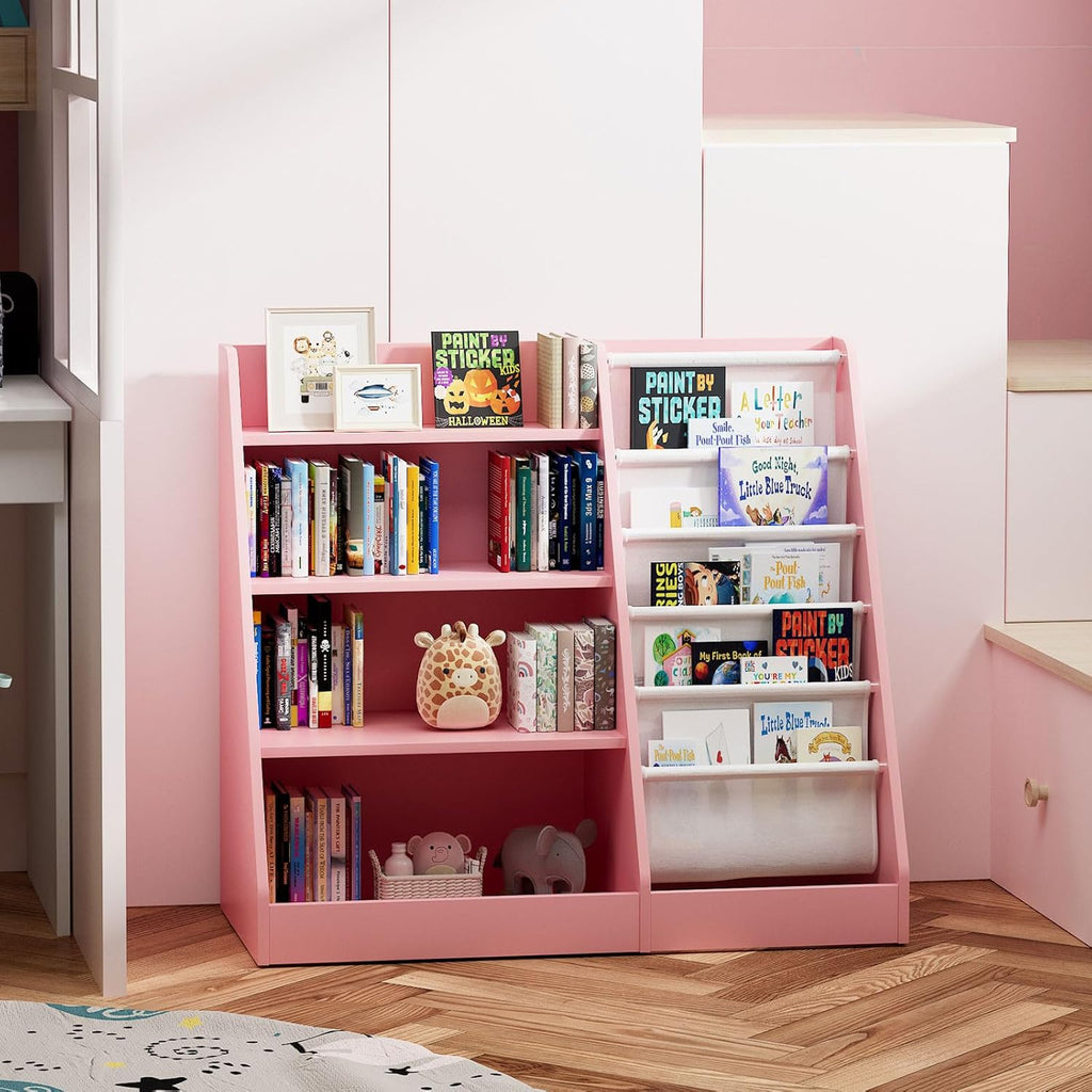 Pink 4-Tier Kids Wooden Bookshelf,5 Layer Sling Bookcase,Baby Storage Book Rack,Kids Book Toy Organizer Chest,Infant Toddler Front Facing Book Display,Playroom Classroom Nursery Church Bedroom
