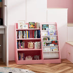Pink 4-Tier Kids Wooden Bookshelf,5 Layer Sling Bookcase,Baby Storage Book Rack,Kids Book Toy Organizer Chest,Infant Toddler Front Facing Book Display,Playroom Classroom Nursery Church Bedroom