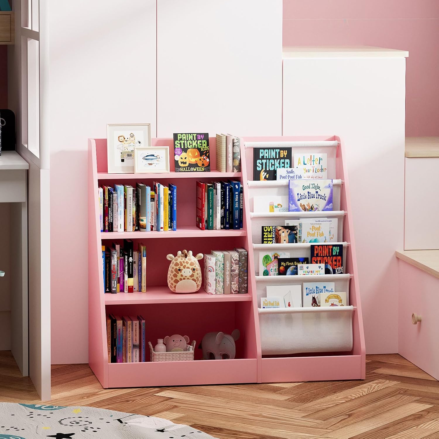 Pink 4-Tier Kids Wooden Bookshelf,5 Layer Sling Bookcase,Baby Storage Book Rack,Kids Book Toy Organizer Chest,Infant Toddler Front Facing Book Display,Playroom Classroom Nursery Church Bedroom