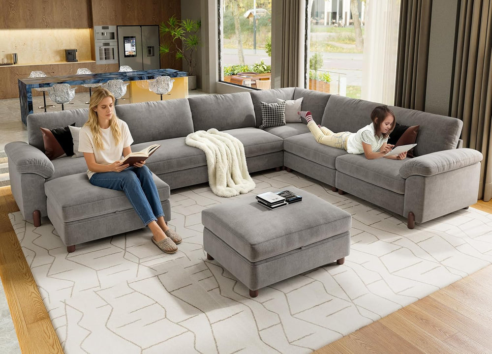 SITJOY Cloud Couch Sectional, 6 Seater V-Shaped, Chenille in Light Gray | Det...