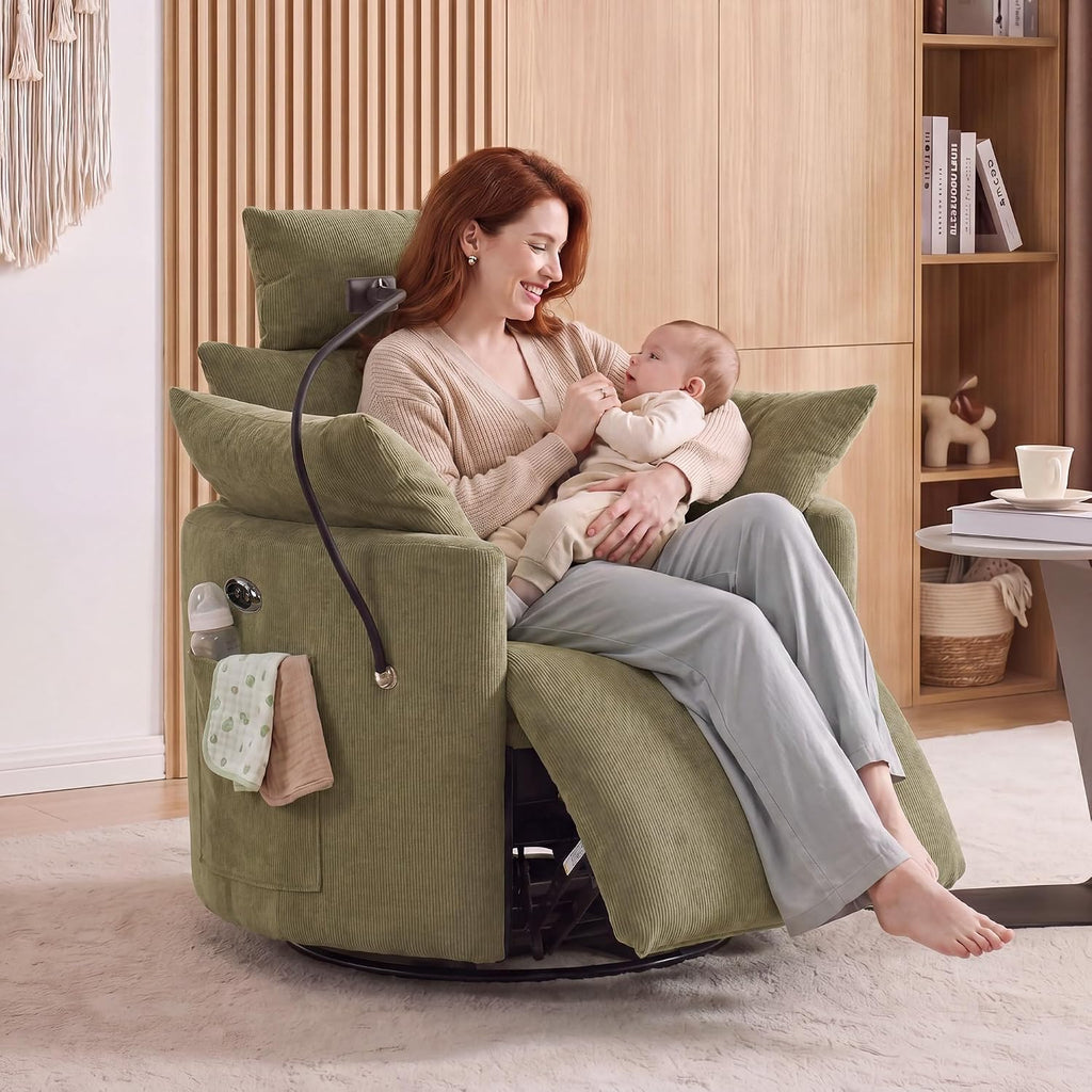 FOXHUNTER 300° Swivel Power Nursery Rocking Glider Chairs, Chenille Green | 30° Rocking Mode, USB Charging Port, Phone Holder, Adjustable Headrest, 2 Cushions, 2 Side Pockets, for Living Room Bedroom