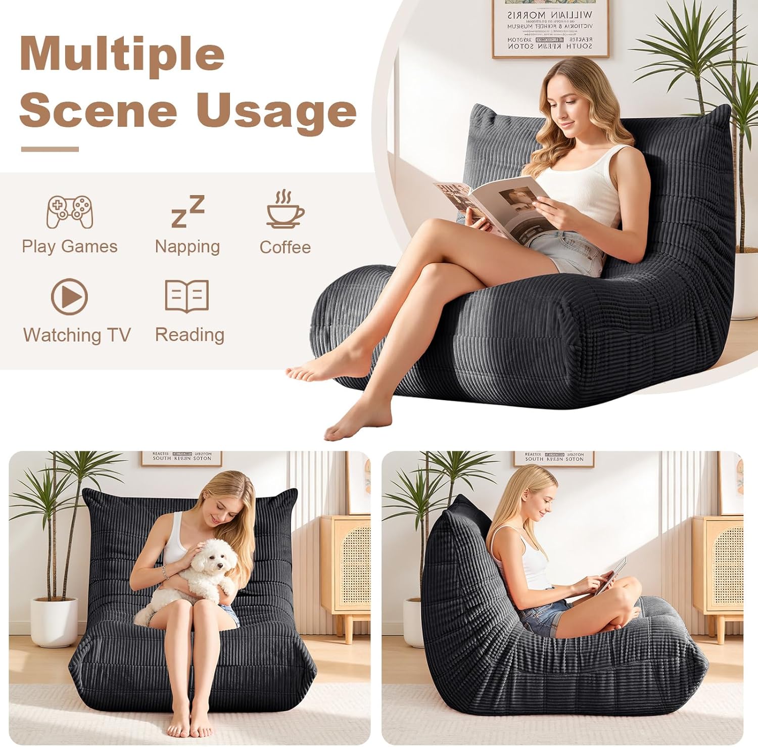 Giant Bean Bag Chair, Memory Foam Filled Oversized Corduroy Floor Sofa for Adults, High-Rebound Boneless Lazy Chair for Living Room, Bedroom, Reading & Gaming, Grey
