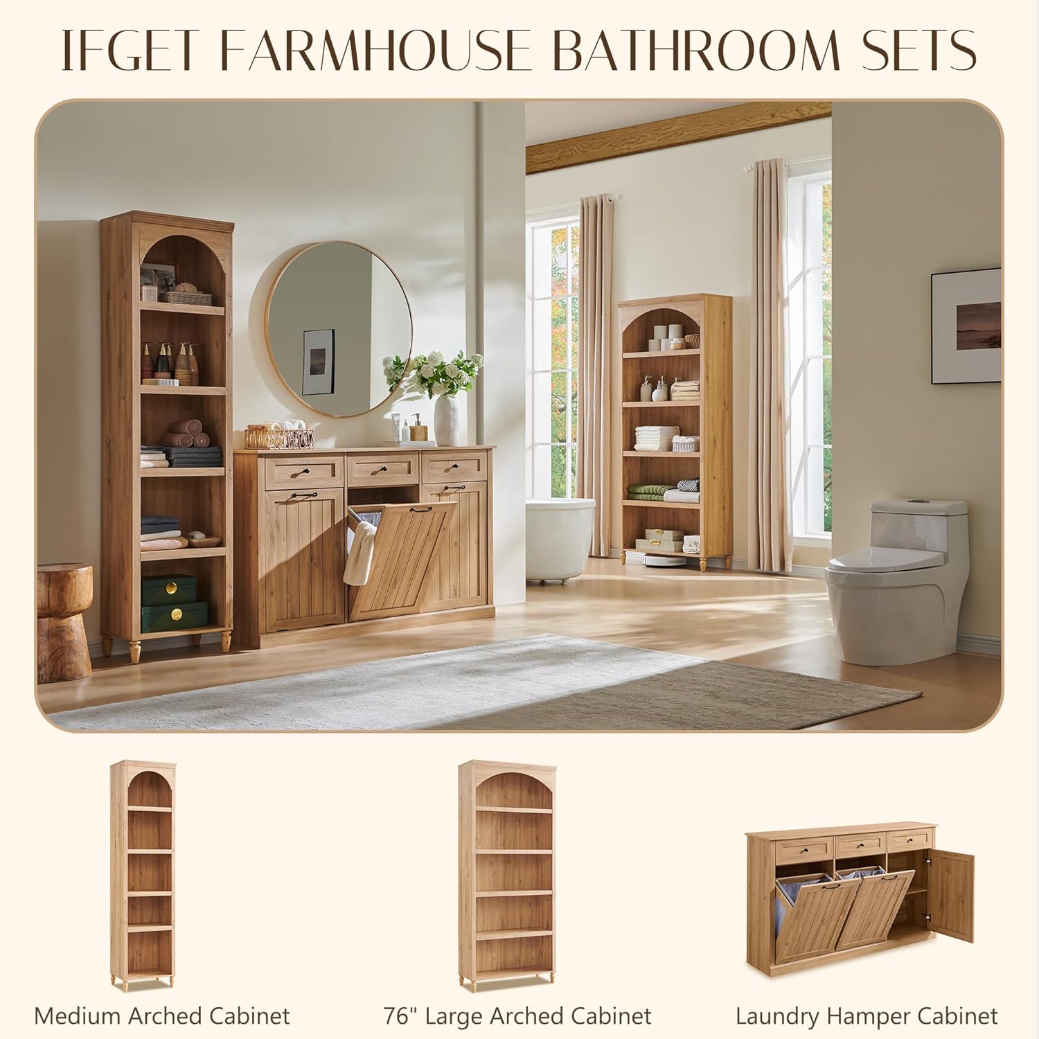 Triple Tilt Out Trash Can Cabinet, 20 Gallon Farmhouse Laundry Hamper Cabinet w/3 Drawers & Adjustable Shelf, Hidden Wooden Trash Can Cabinets with Storage Basket for Kitchen (Natural)