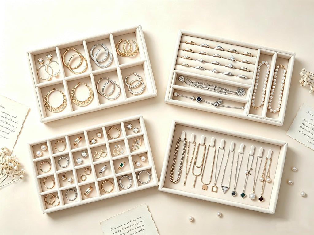 Velvet Jewelry Drawer Organizer Trays, 4 Pack Stackable Jewelry Storage Inserts Set, Beige Jewelry Tray Set with Removable Dividers for Earrings, Necklaces, Rings, Bracelets for Vanity & Dresser