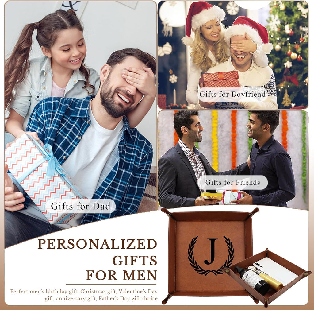 Personalized Leather Valet Tray Engraved Initials Key Tray Nightstand Organizer Valentines Day Birthday for Men Dad Husband Boyfriend (M)