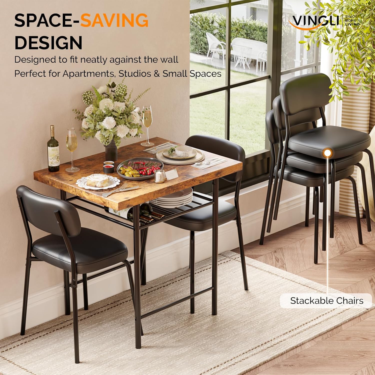 VINGLI Dining Table Set for 2, Small Kitchen Table Set with Upholstered Chairs, 3-Piece Dining Set with Storage Rack, Wood Dining Room Set with Metal Legs for Small Spaces, Living Room, Rustic Brown