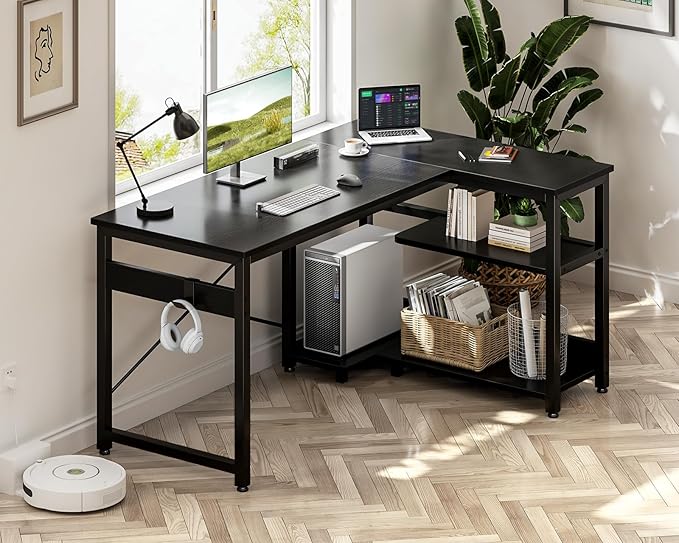 Casaottima L Shaped Computer Desk, 40 Inch Small Corner Desk with Storage Shelves & PC Stand, Reversible Gaming Desk for Bedroom, Modern Writing Study Table for Home Office, Black