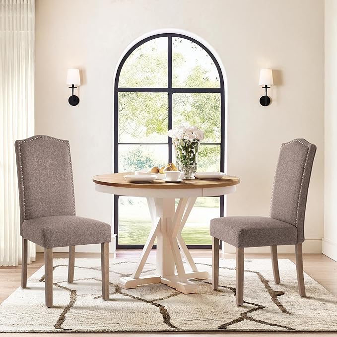 Upholstered Dining Chair Modern Stylish Parsons Kitchen Diner High Back with Silver Nailhead Trim & Wood Legs, Set of 2, Fabric Brown
