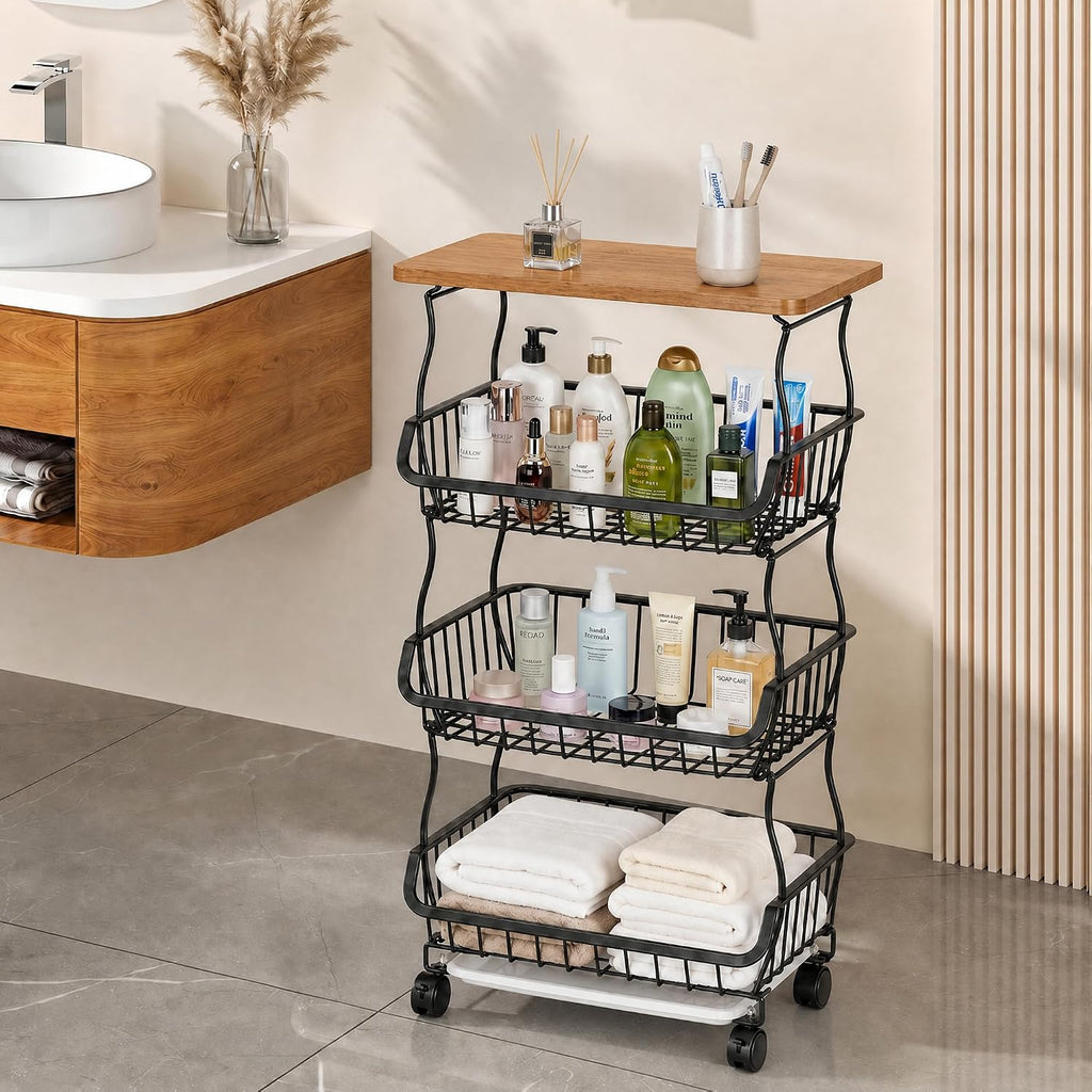 VECELO 4-Tier Fruit Basket with Wheels, Fruit and Vegetable Storage Cart for Kithchen, Stackable Produce Organizer Wire Baskets for Kitchen, Pantry, Living Room