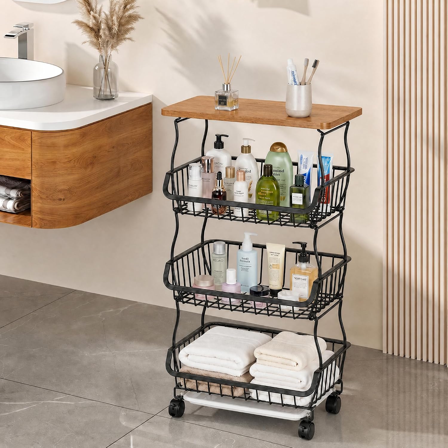 VECELO 4-Tier Fruit Basket with Wheels, Fruit and Vegetable Storage Cart for Kithchen, Stackable Produce Organizer Wire Baskets for Kitchen, Pantry, Living Room