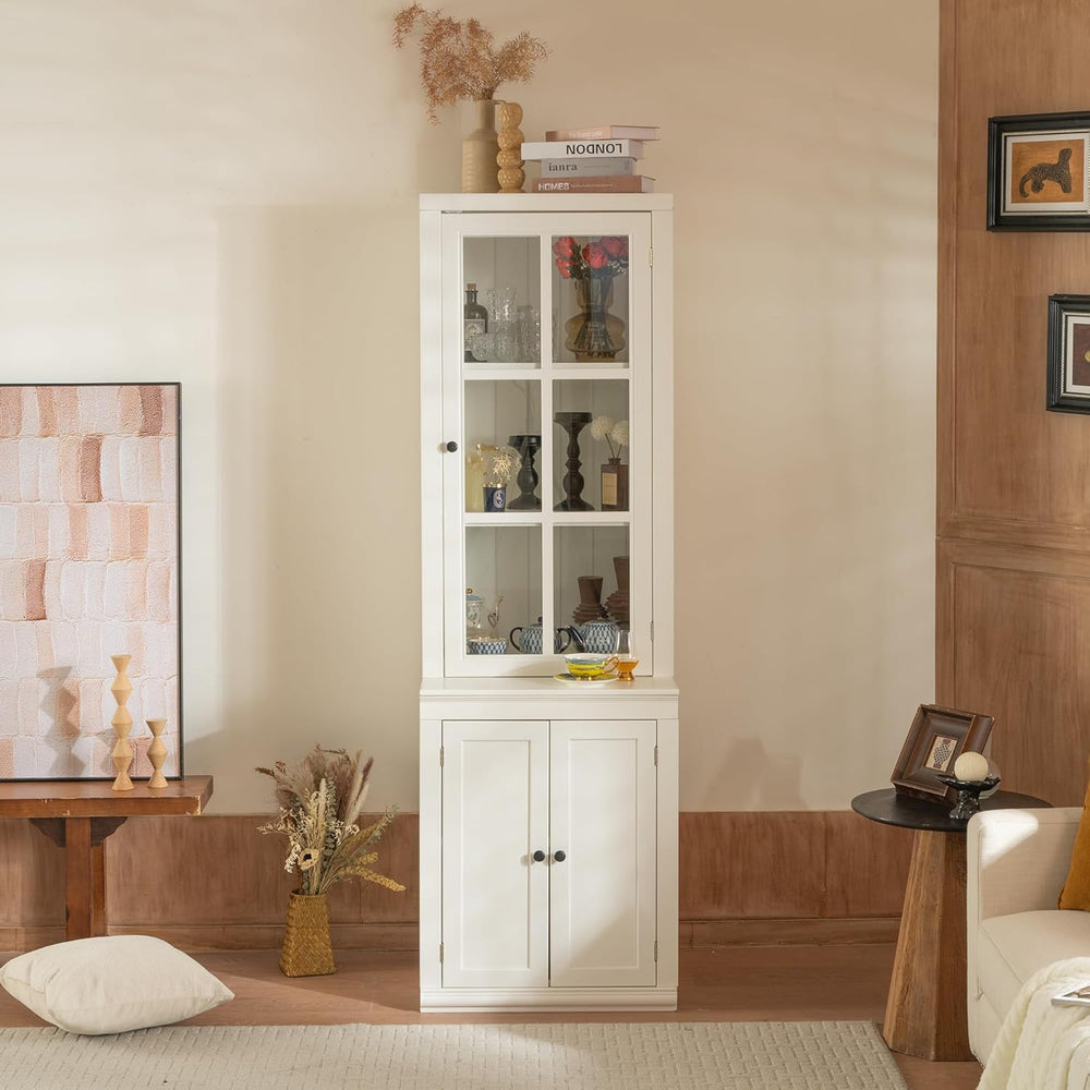 Chic 75.25'' White Freestanding Pantry Cabinet with Glass Door, Ideal...