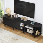 86.6" TV Stand with Power Outlet, Mid-Century Modern Television Stand, Fluted Media Console with Sliding Doors, Entertainment Center for TVs up to 90 Inch, Adjustable Shelves, Black