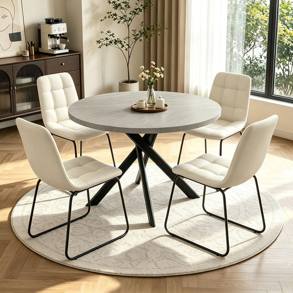 44" Round Dining Table Set for 4, Modern X-Shaped Metal Leg Table | Cush...