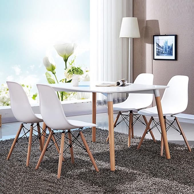 COSTWAY Dinning Chair Set of 4, Mid Century Modern Eiffel DSW Style Shell Molded Plastic Chair for Kitchen, Dining, Living Room, Bedroom, Lounge Side Chairs with Wood legs, White