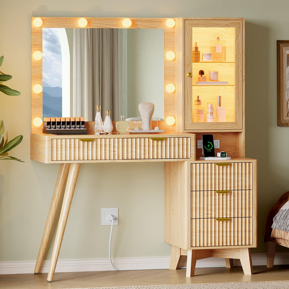 Xixini 45" Fluted Makeup Vanity Desk with Mirror & Lights, Oak
