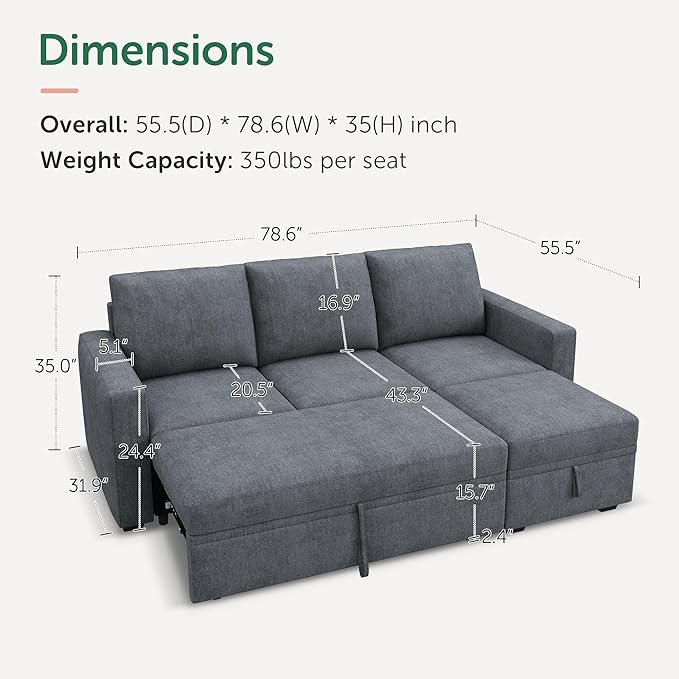 HONBAY Modular Sectional Sleeper Sofa with Pull Out Bed, L Shaped Sofa with Storage, Modular Sectional Couches for Living Room, Bluish Grey